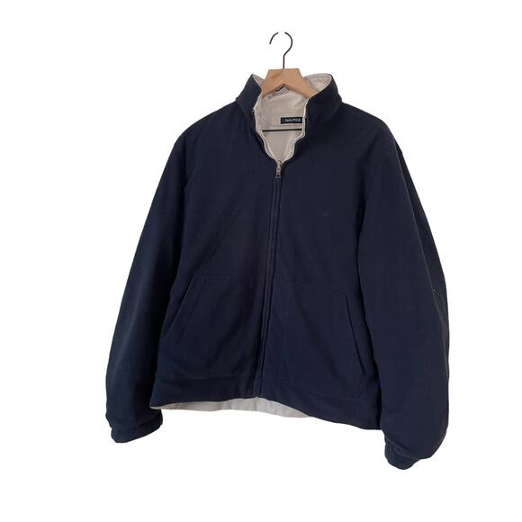 Nautica Mens Reversible Full Zip Fleece Beige Navy Bomber Jacket Size Medium - Picture 2 of 8
